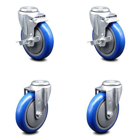 Service Caster 5 Inch Blue Polyurethane Wheel Swivel Bolt Hole Caster Set with 2 Brake SCC SCC-BH20S514-PPUB-BLUE-TLB-2-S-2